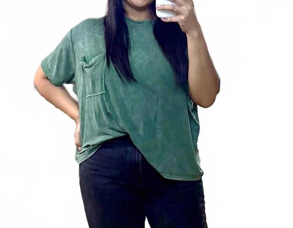 NEW ZENANA wash ribbed short sleeve top in dark green